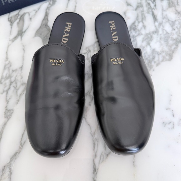 Prada Milano Black Leather Mule Slides Gold Logo Slip On Flat Shoes Mens UK6.5 main image 7